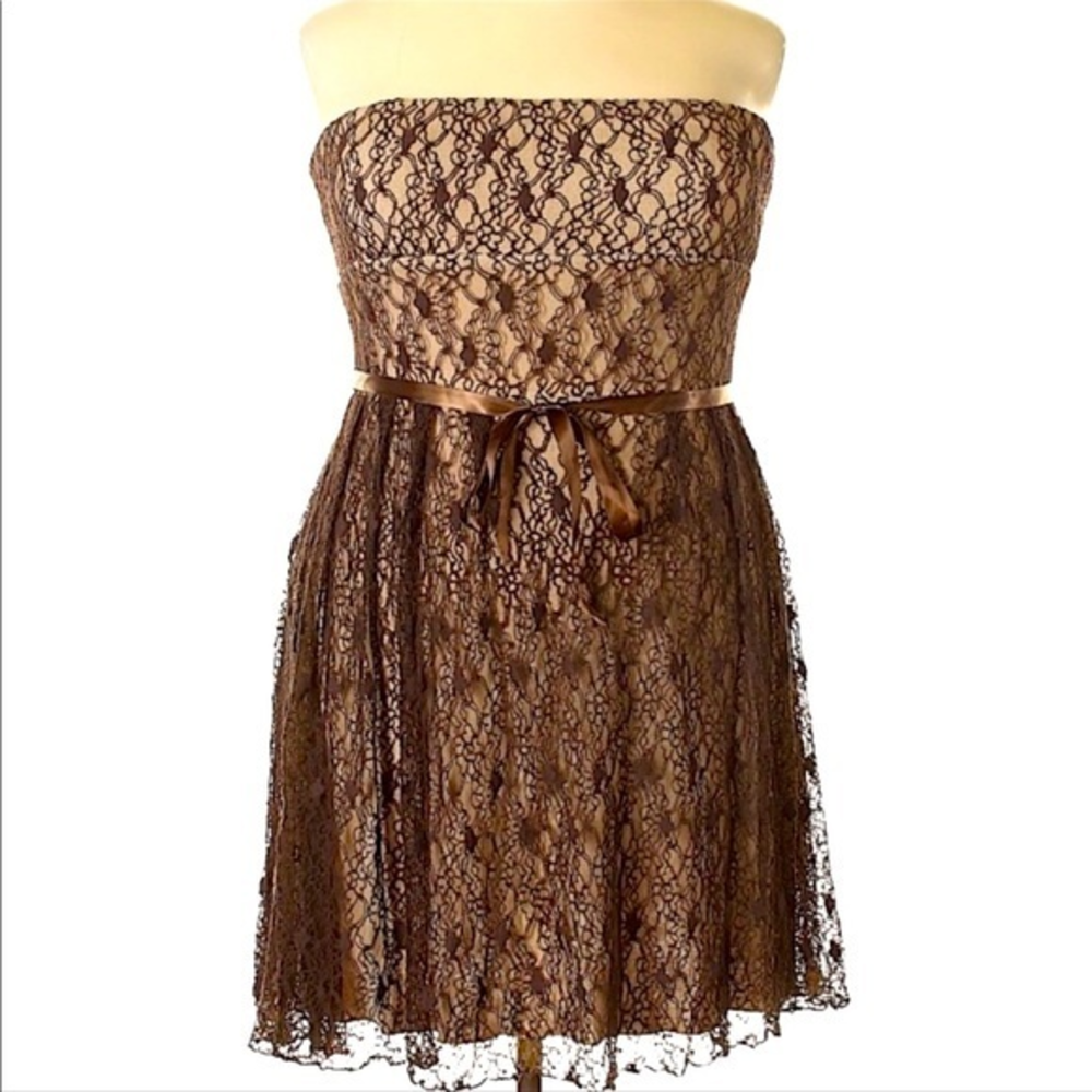 Tristan & Iseut XL brown/tan lace strapless fit and flare cocktail‎ dress